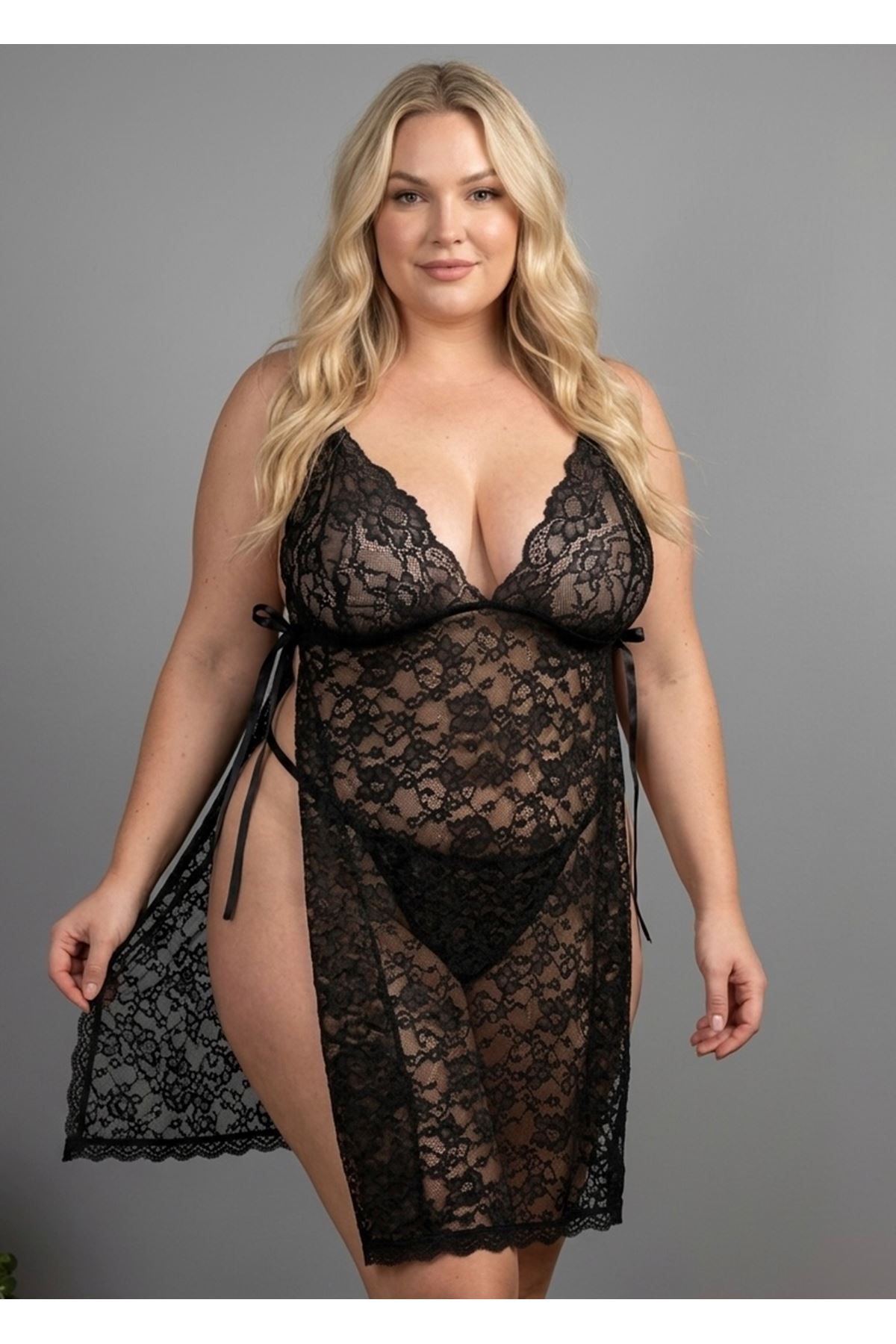 Arya Büyük Beden Siyah Dantel Gecelik