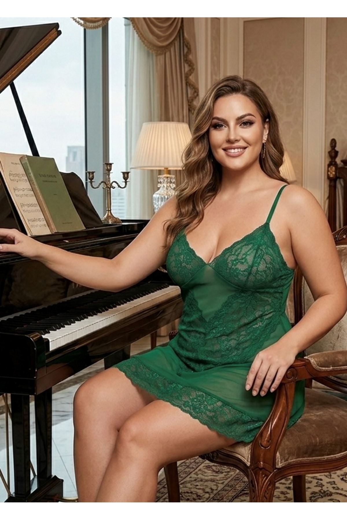 Lena Serisi Büyük Beden Yeşil Dantel Gecelik