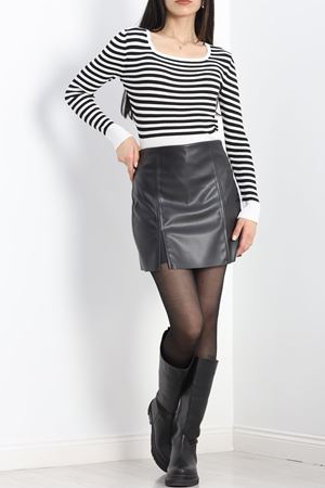 Kare Yaka Çizgili Triko Body Beyazsiyah - 1118.1247.