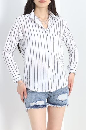 Pamuk Saten Çizgili Gömlek Beyazlacivert - 30135.1874.