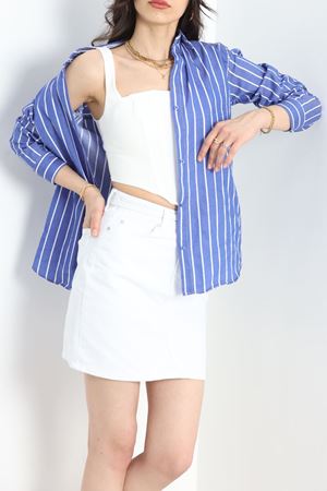 Pamuk Saten Çizgili Gömlek Saksbeyaz - 30135.1874.