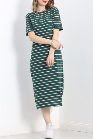 Çizgili Yırtmaçlı Suprem Elbise Zümrütbeyaz - 18432.1567.