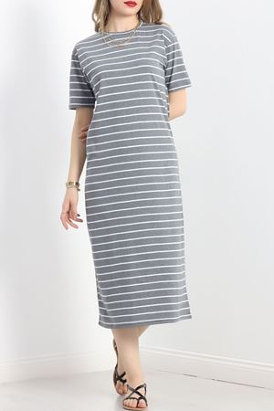 Çizgili Yırtmaçlı Suprem Elbise Fümebeyaz - 18432.1567.