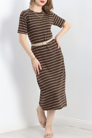 Çizgili Yırtmaçlı Suprem Elbise Kahvebisküvi - 18432.1567.