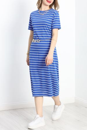 Çizgili Yırtmaçlı Suprem Elbise Saksbeyaz - 18432.1567.