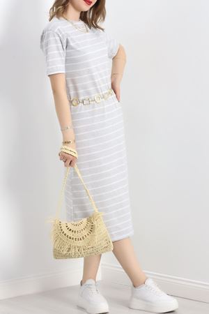 Çizgili Yırtmaçlı Suprem Elbise Gribeyaz - 18432.1567.