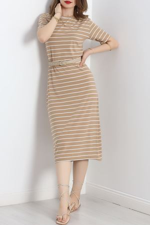 Çizgili Yırtmaçlı Suprem Elbise Sütlükahvebeyaz - 18432.1567.